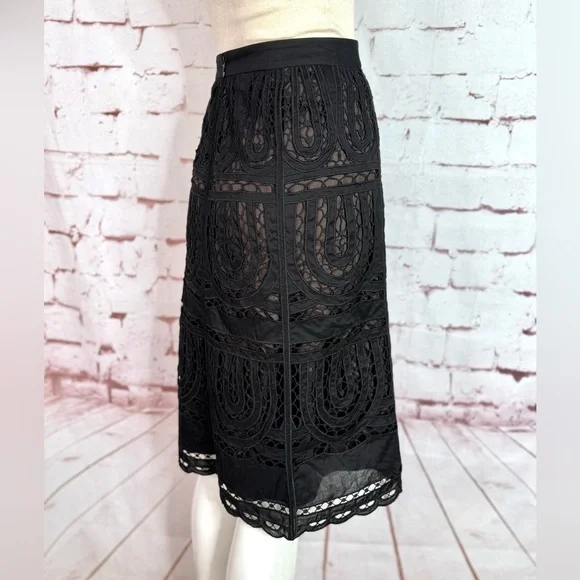 Ann Taylor Black Laser Cut Embroidered Lace Size 12 Knee Length Cotton Skirt - Picture 5 of 12